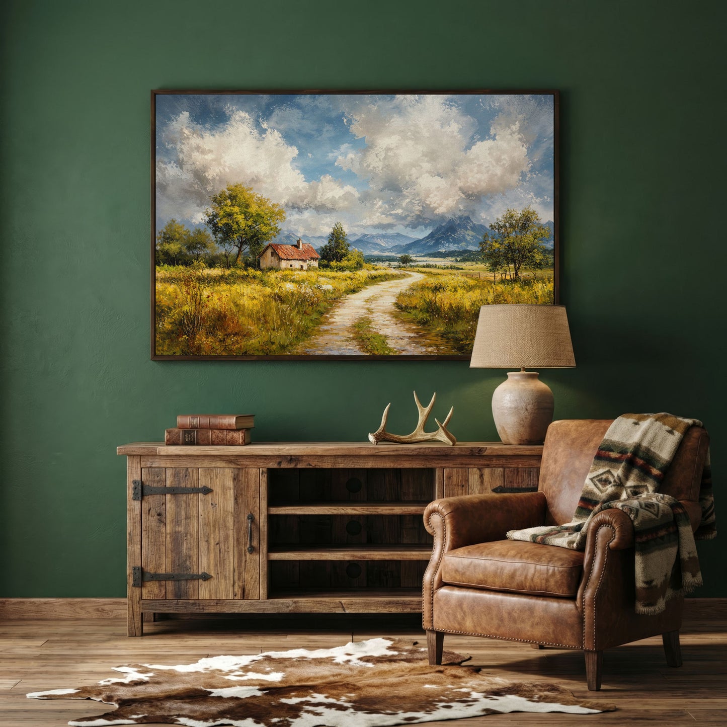 Cottage Path with Mountains Canvas Wall Art in dark walnut floating frame