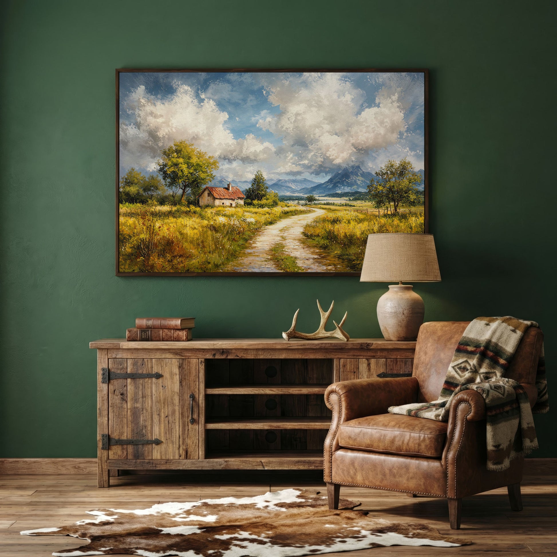Cottage Path with Mountains Canvas Wall Art in dark walnut floating frame