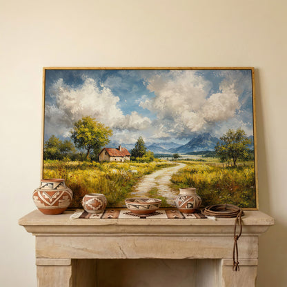 Cottage Path with Mountains Canvas Wall Art in white oak floating frame