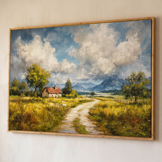 Cottage Path with Mountains Canvas Wall Art shown in white oak floating frame