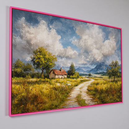 Cottage Path with Mountains Canvas Wall Art in pink floating frame