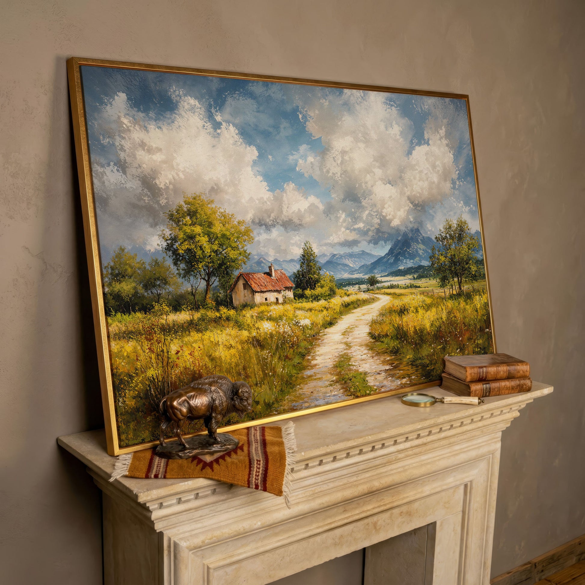 Cottage Path with Mountains Canvas Wall Art in rose gold floating frame