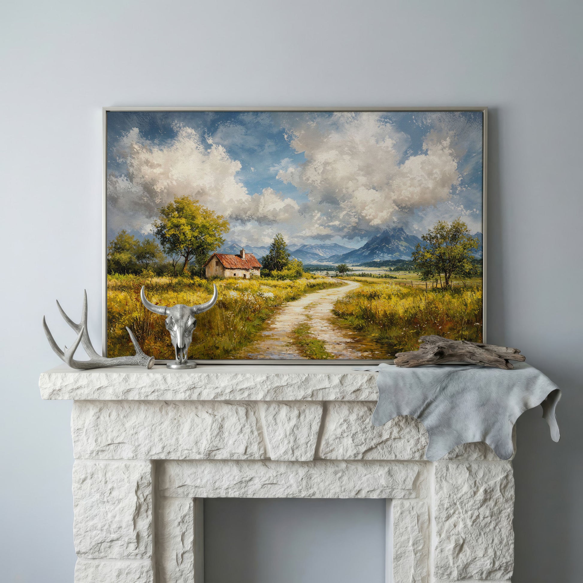 Cottage Path with Mountains Canvas Wall Art in silver floating frame