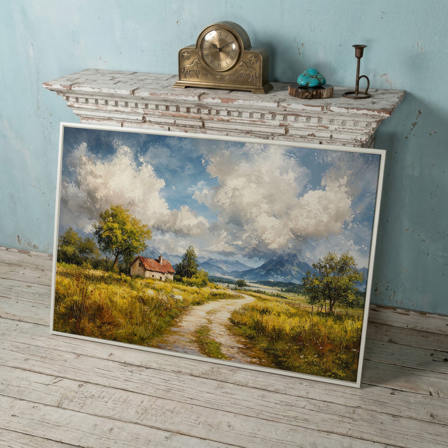 Cottage Path with Mountains Canvas Wall Art in white floating frame