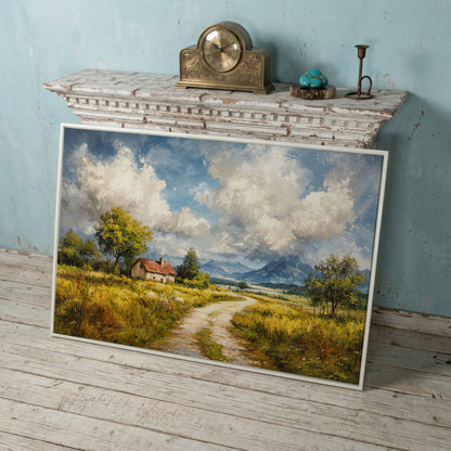 Cottage Path with Mountains Canvas Wall Art in white floating frame
