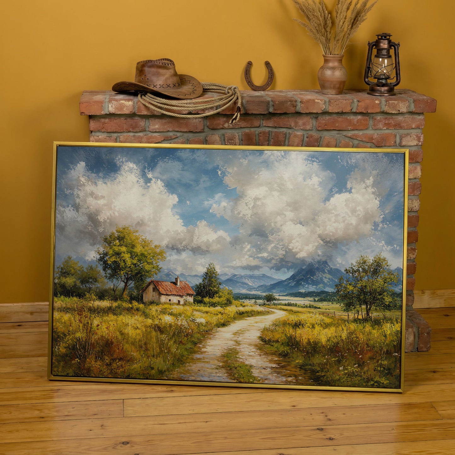 Cottage Path with Mountains Canvas Wall Art in yellow gold floating frame