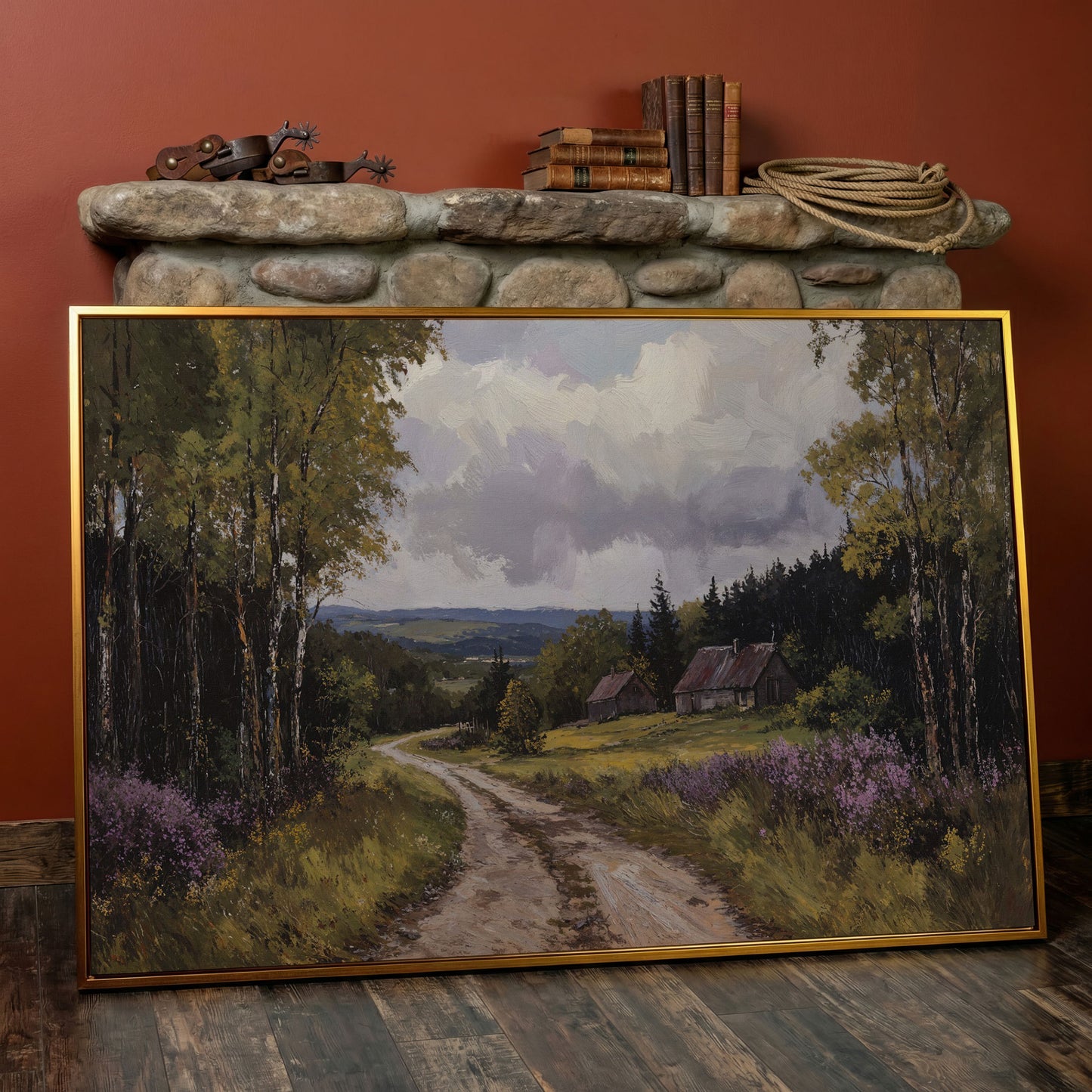 Serene Country Road Landscape Canvas in antique gold floating frame