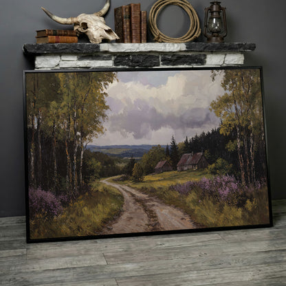 Serene Country Road Landscape Canvas in black floating frame