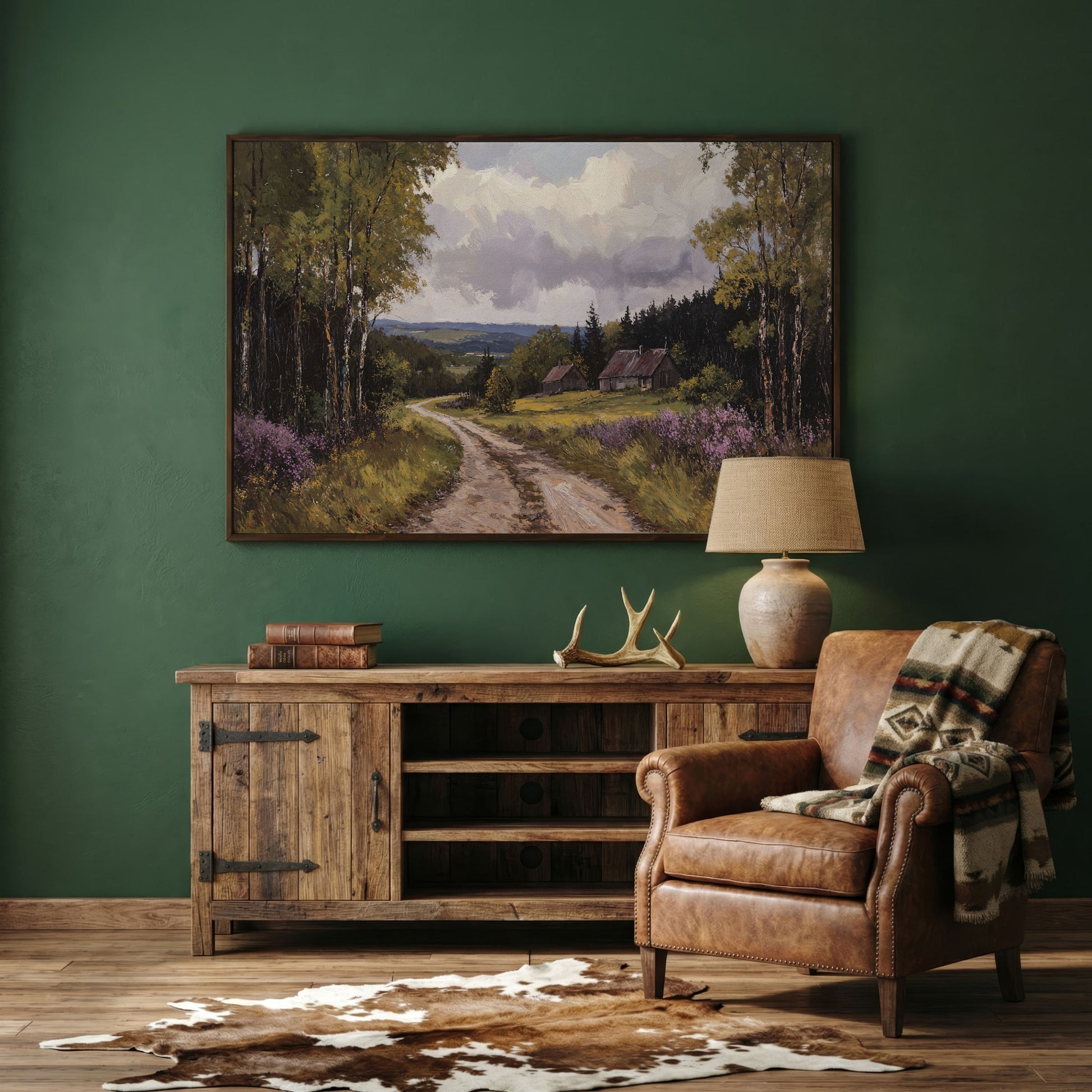 Serene Country Road Landscape Canvas in dark walnut floating frame