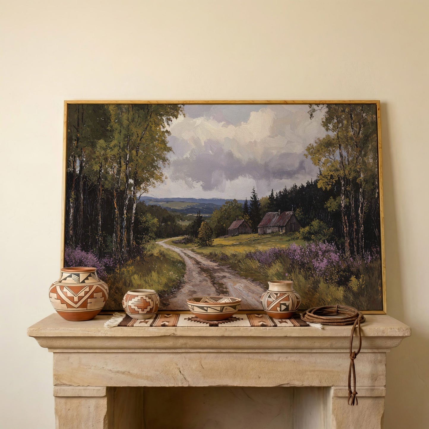 Serene Country Road Landscape Canvas in white oak floating frame