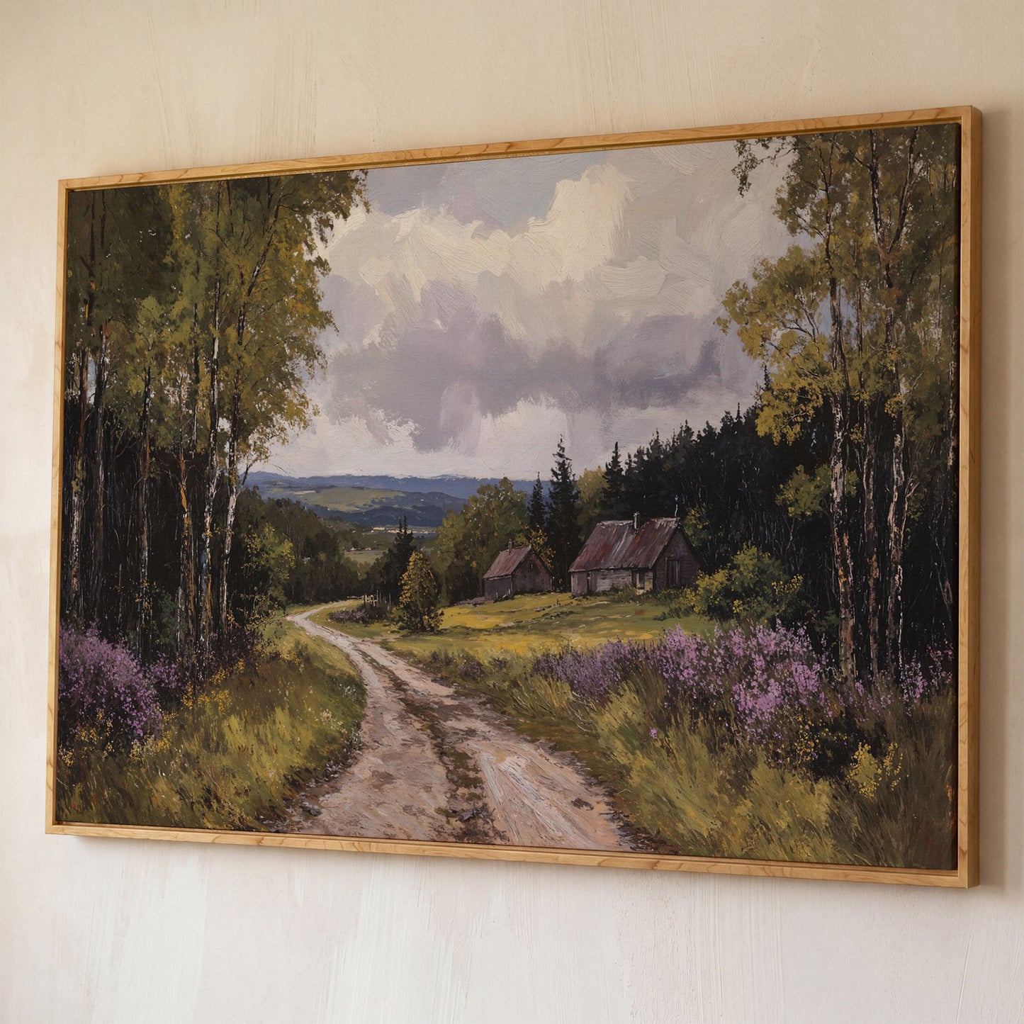 Serene Country Road Landscape Canvas shown in white oak floating frame