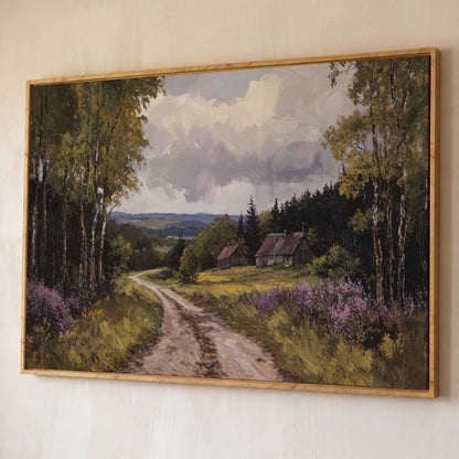 Serene Country Road Landscape Canvas shown in white oak floating frame