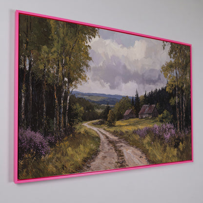Serene Country Road Landscape Canvas in pink floating frame