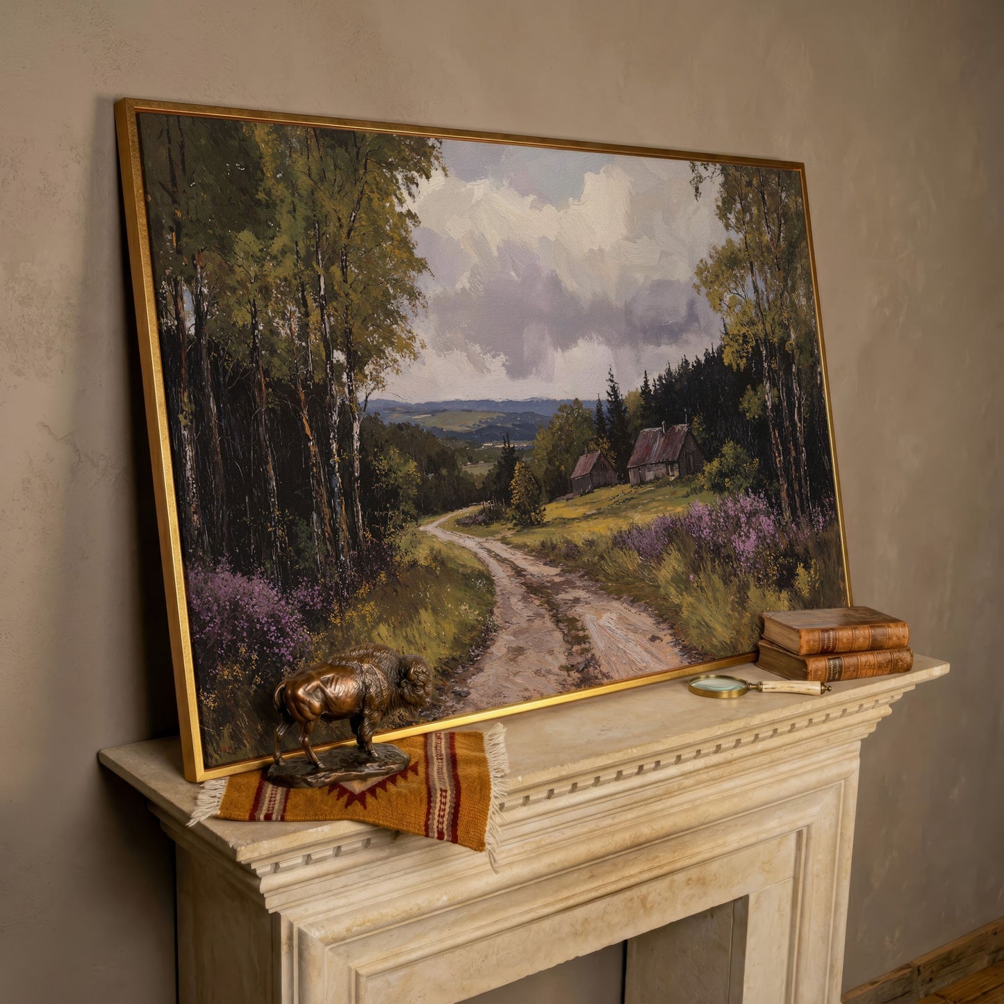 Serene Country Road Landscape Canvas in rose gold floating frame