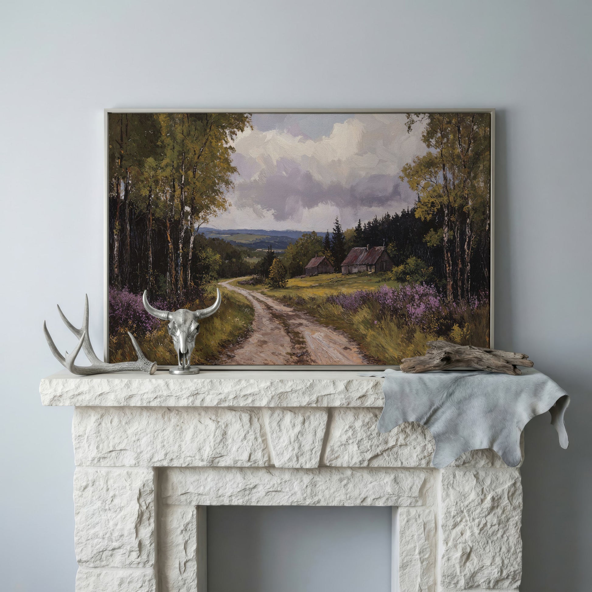 Serene Country Road Landscape Canvas in silver floating frame