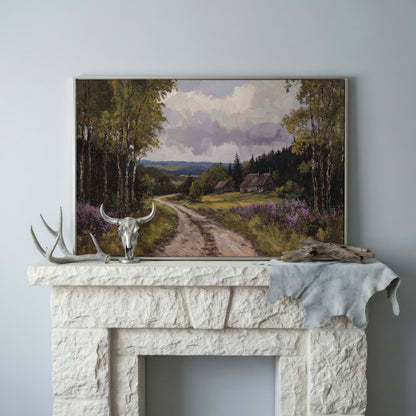 Serene Country Road Landscape Canvas in silver floating frame