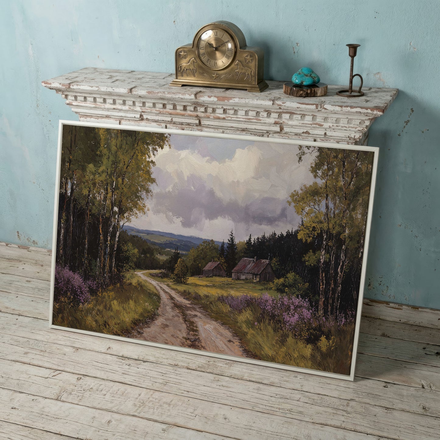 Serene Country Road Landscape Canvas in white floating frame