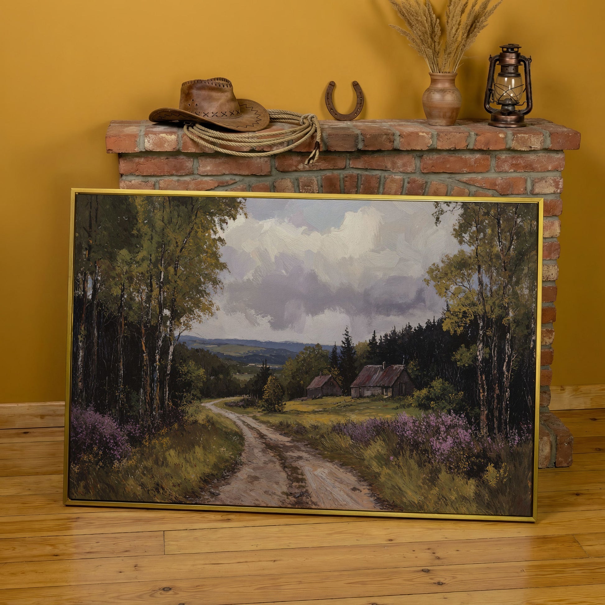 Serene Country Road Landscape Canvas in yellow gold floating frame
