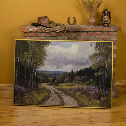 Serene Country Road Landscape Canvas in yellow gold floating frame