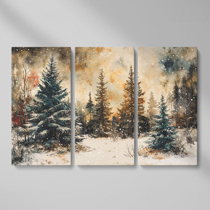 Snowy Pine Forest Canvas Wall Art as 3-panel split version