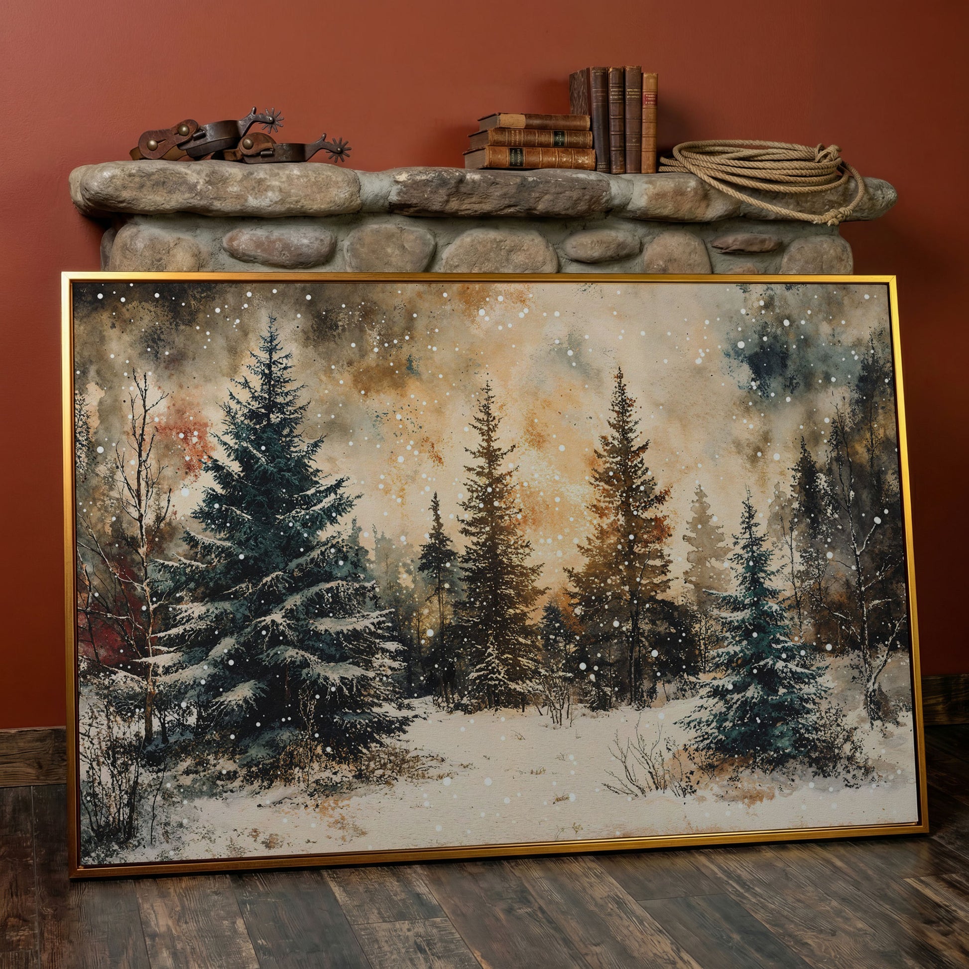 Snowy Pine Forest Canvas Wall Art in antique gold floating frame