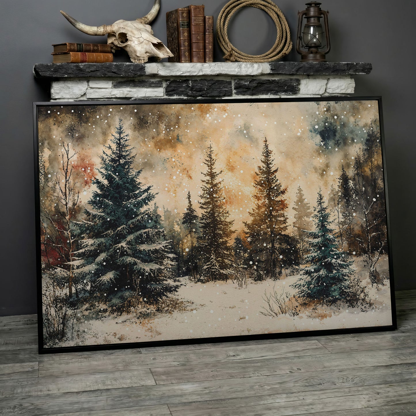 Snowy Pine Forest Canvas Wall Art in black floating frame