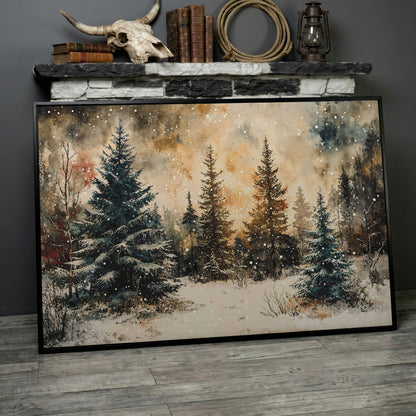 Snowy Pine Forest Canvas Wall Art in black floating frame
