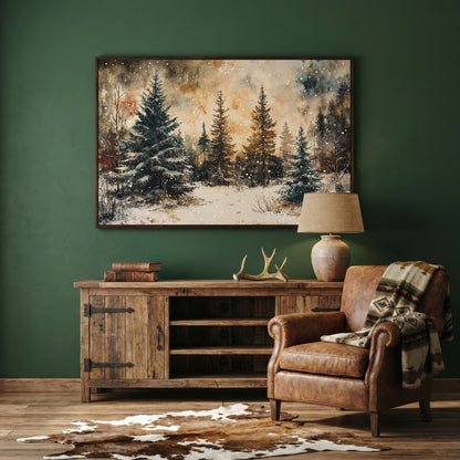 Snowy Pine Forest Canvas Wall Art in dark walnut floating frame