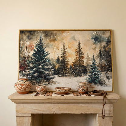 Snowy Pine Forest Canvas Wall Art in white oak floating frame