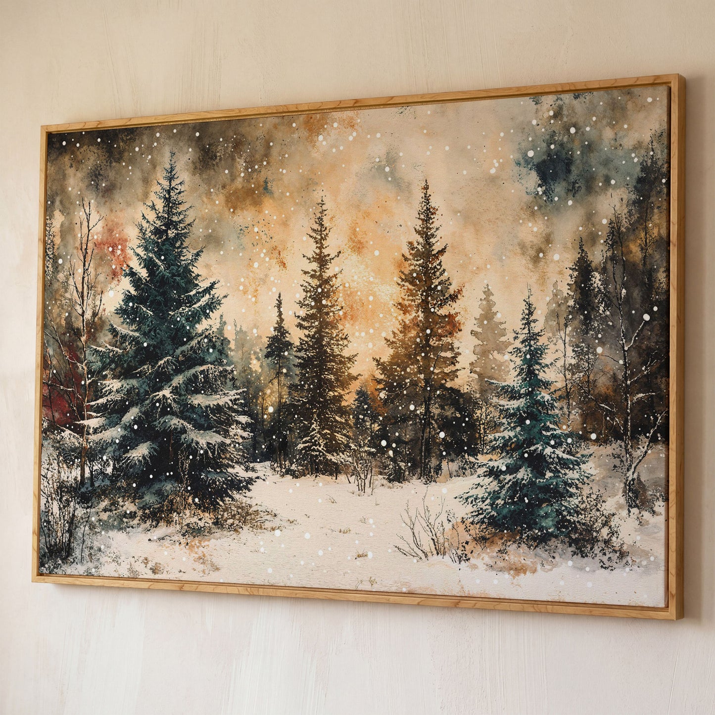 Snowy Pine Forest Canvas Wall Art shown in white oak floating frame