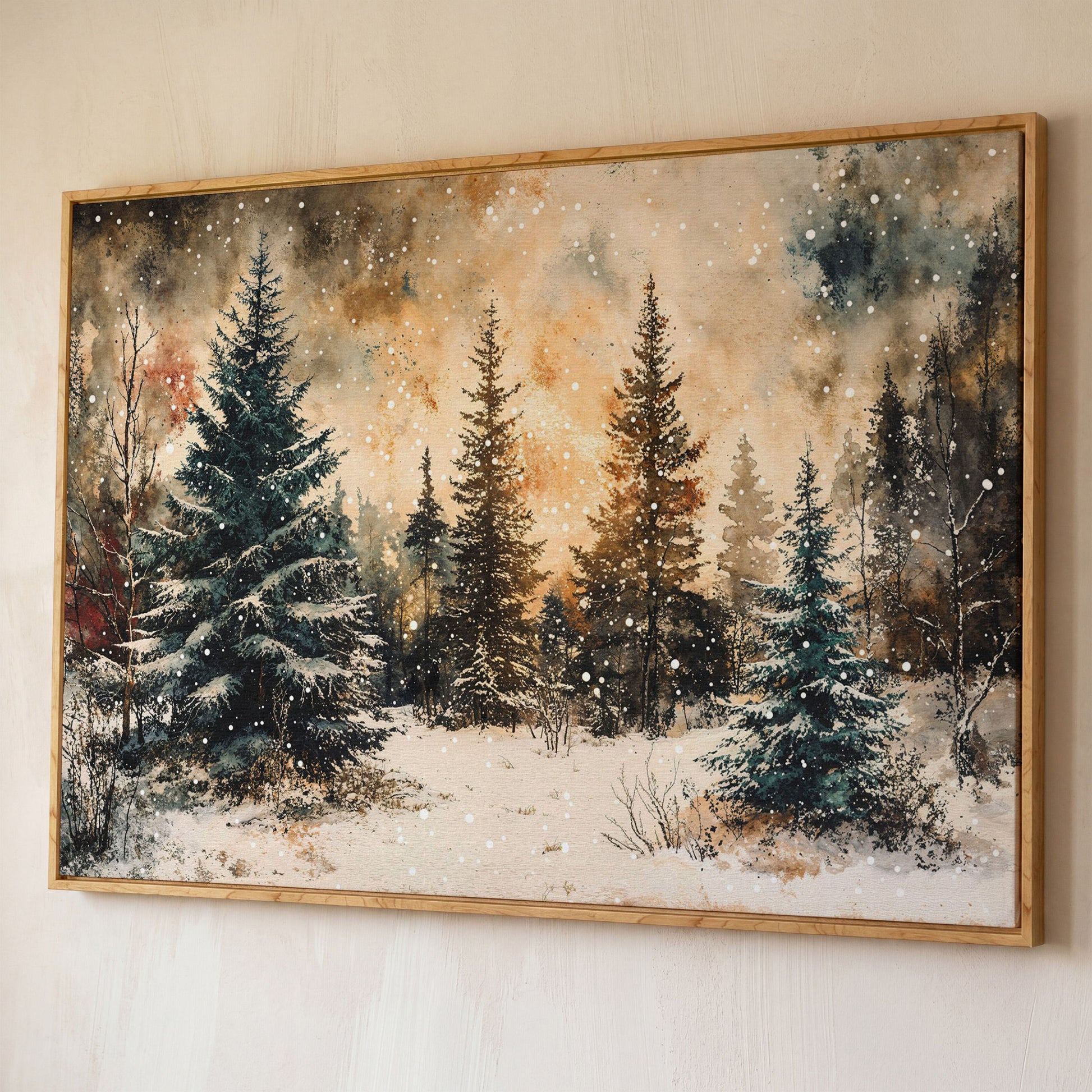 Snowy Pine Forest Canvas Wall Art shown in white oak floating frame