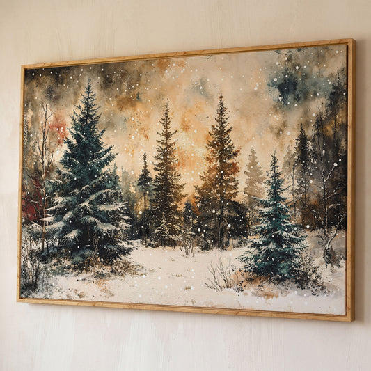 Snowy Pine Forest Canvas Wall Art shown in white oak floating frame