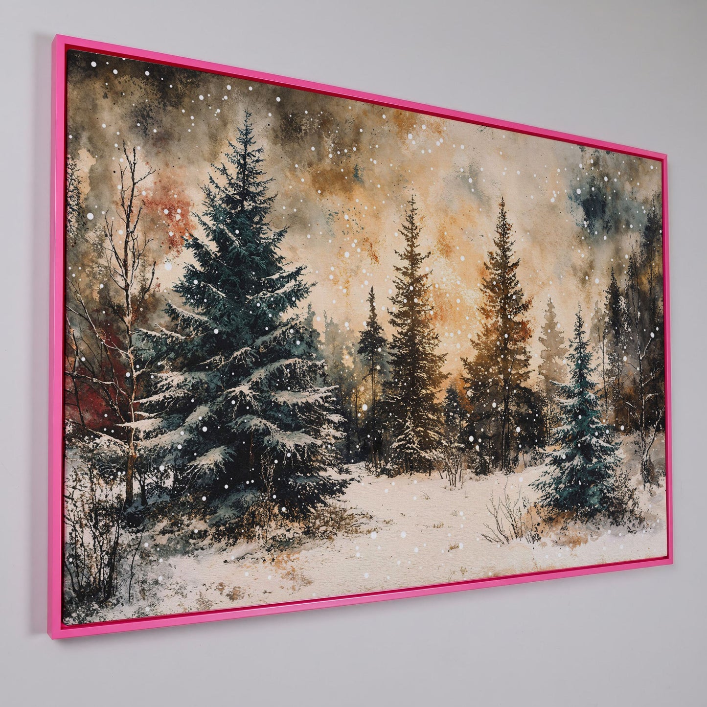 Snowy Pine Forest Canvas Wall Art in pink floating frame