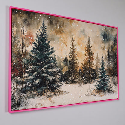 Snowy Pine Forest Canvas Wall Art in pink floating frame