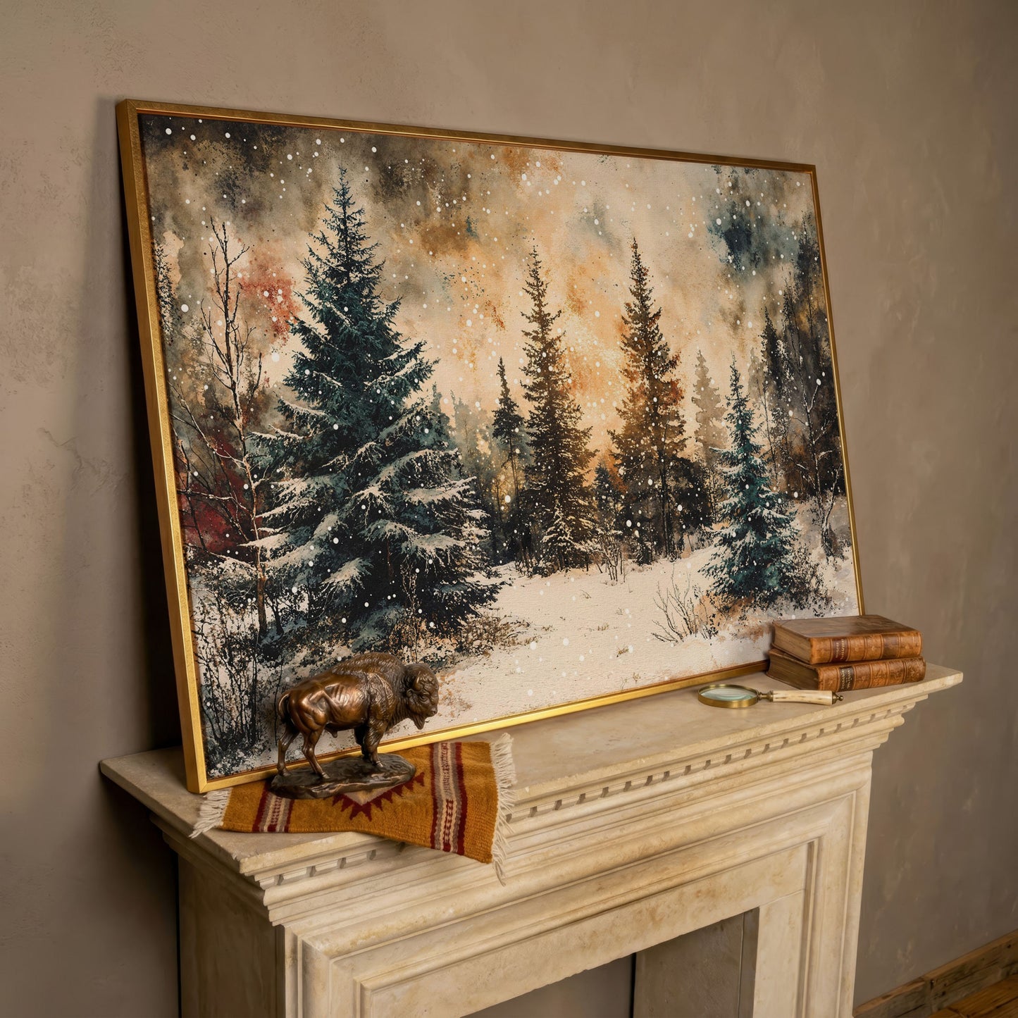 Snowy Pine Forest Canvas Wall Art in rose gold floating frame