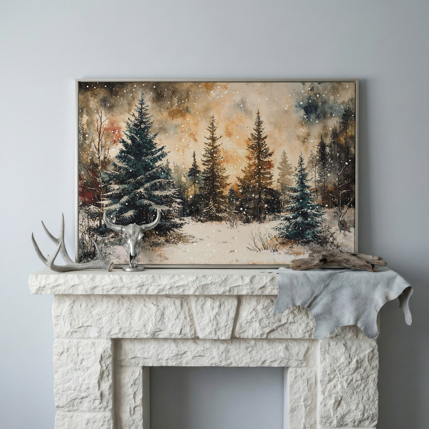 Snowy Pine Forest Canvas Wall Art in silver floating frame