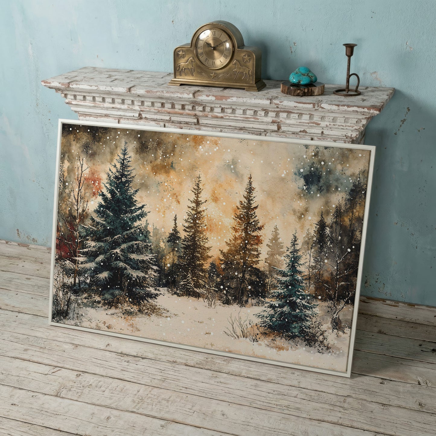 Snowy Pine Forest Canvas Wall Art in white floating frame
