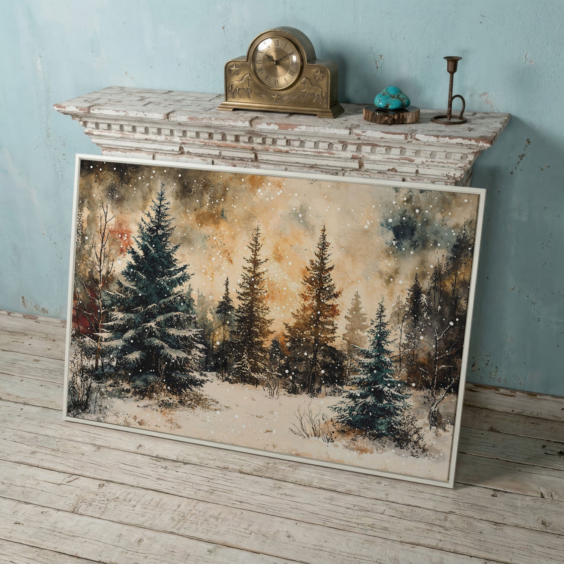 Snowy Pine Forest Canvas Wall Art in white floating frame