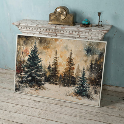 Snowy Pine Forest Canvas Wall Art in white floating frame