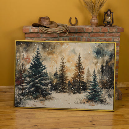 Snowy Pine Forest Canvas Wall Art in yellow gold floating frame