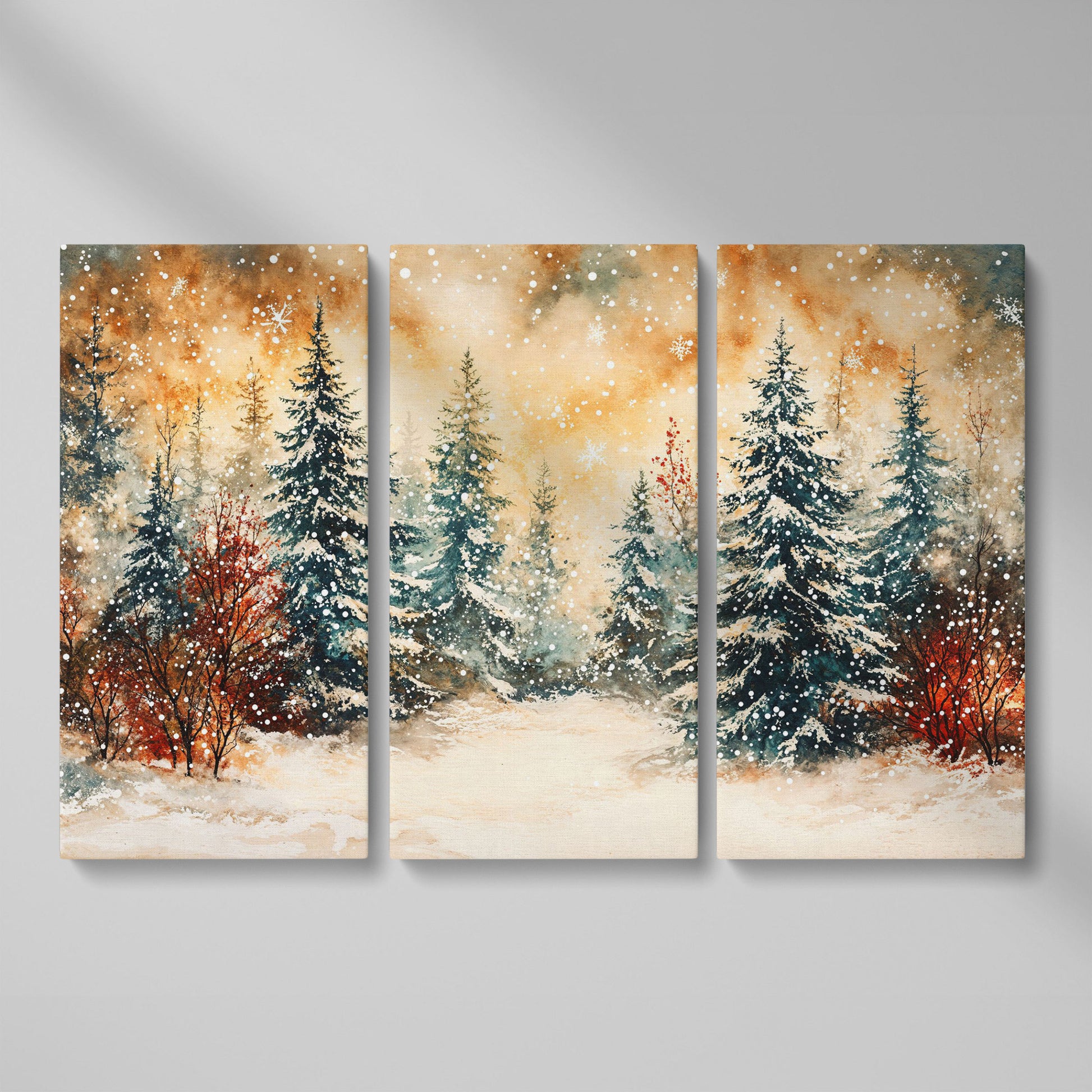 Snowy Forest Canvas Print with Watercolor Winter Palette as 3-panel split version