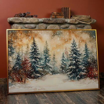 Snowy Forest Canvas Print with Watercolor Winter Palette in antique gold floating frame
