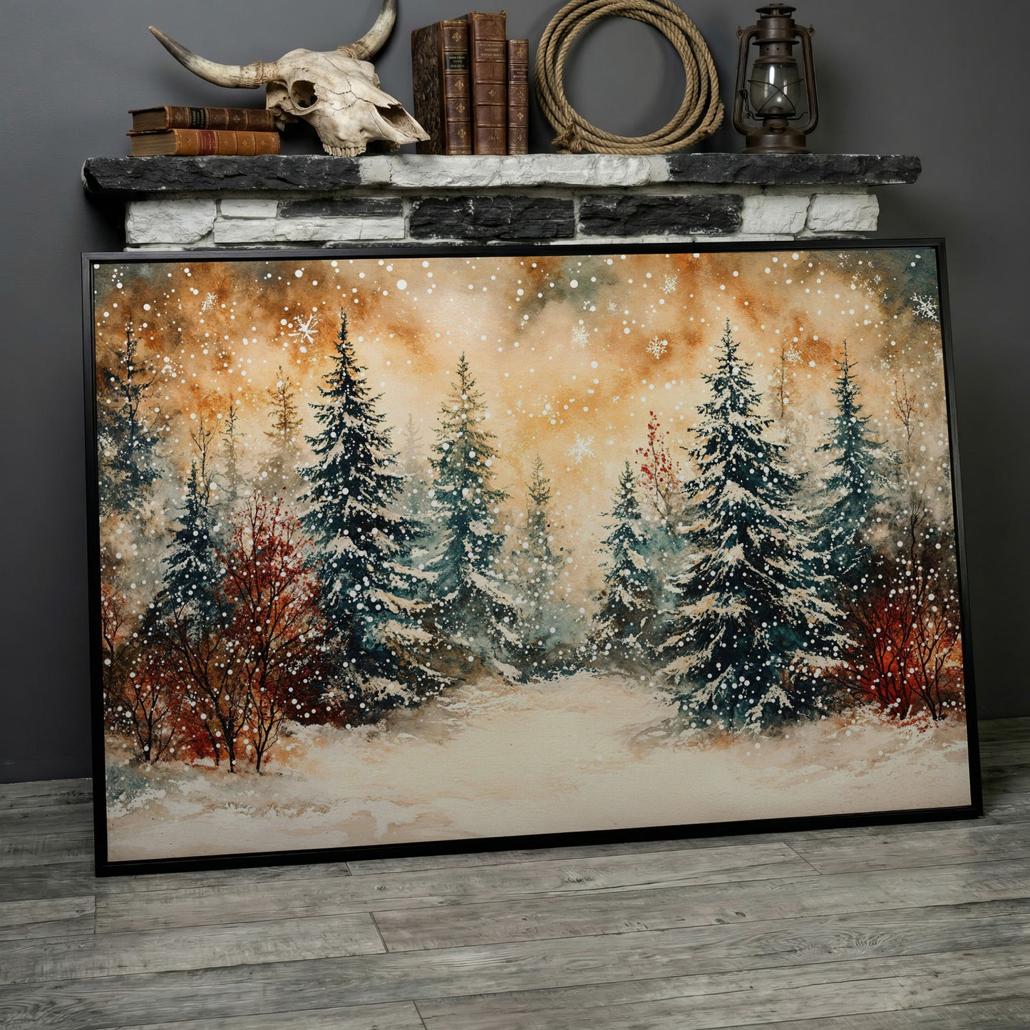 Snowy Forest Canvas Print with Watercolor Winter Palette in black floating frame