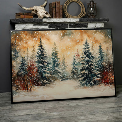 Snowy Forest Canvas Print with Watercolor Winter Palette in black floating frame