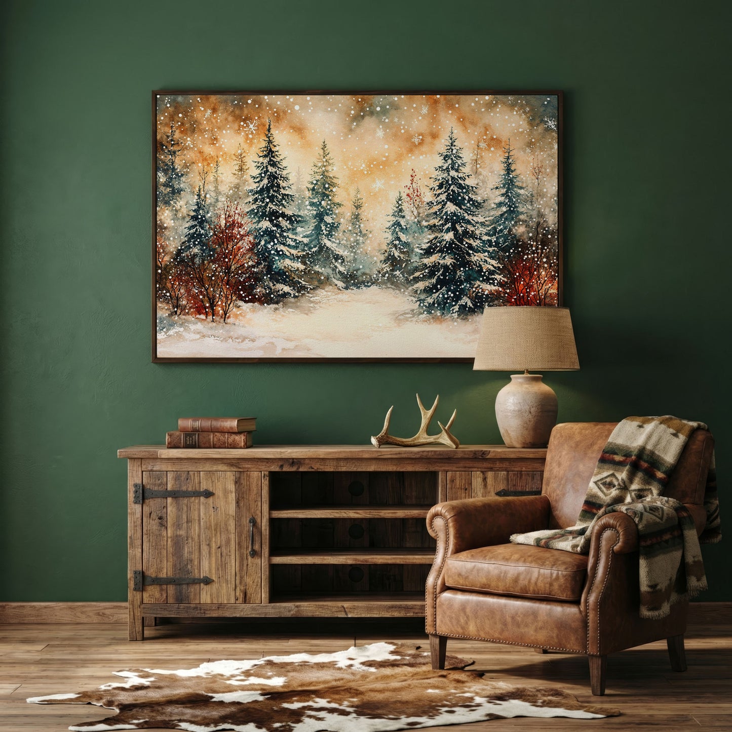 Snowy Forest Canvas Print with Watercolor Winter Palette in dark walnut floating frame