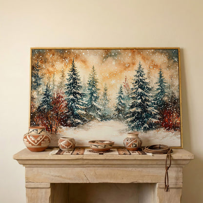 Snowy Forest Canvas Print with Watercolor Winter Palette in white oak floating frame