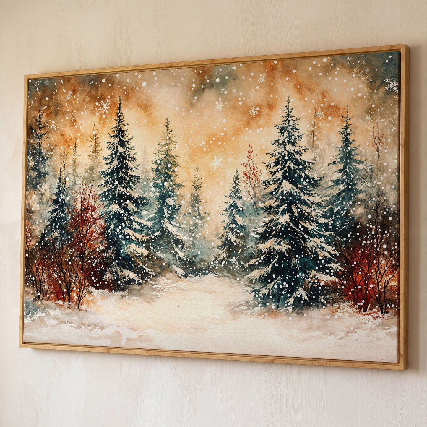 Snowy Forest Canvas Print with Watercolor Winter Palette shown in white oak floating frame