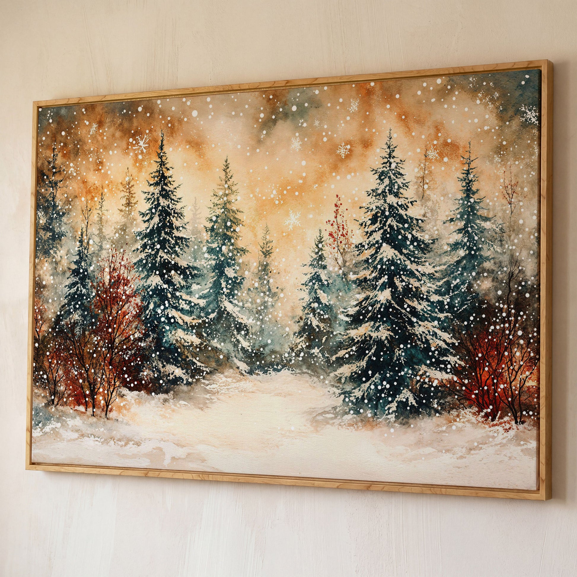 Snowy Forest Canvas Print with Watercolor Winter Palette shown in white oak floating frame