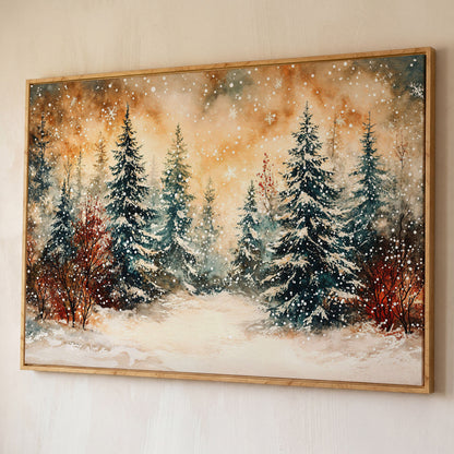 Snowy Forest Canvas Print with Watercolor Winter Palette shown in white oak floating frame