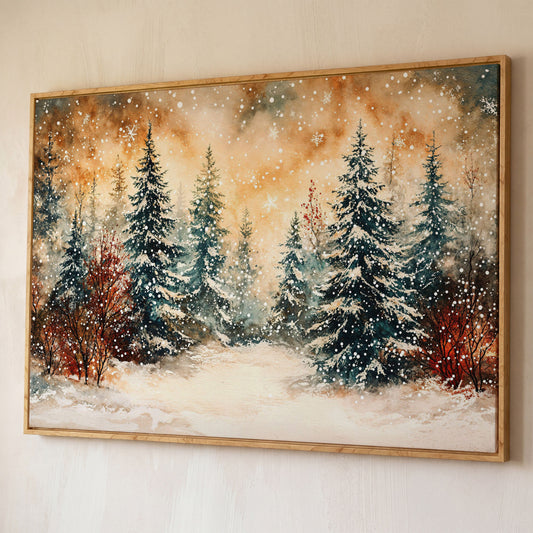 Snowy Forest Canvas Print with Watercolor Winter Palette shown in white oak floating frame